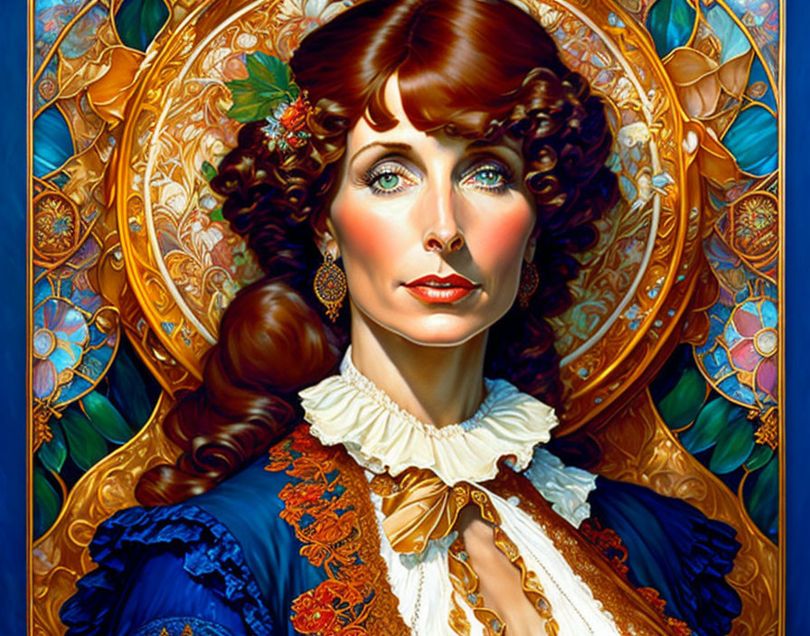 Illustrated portrait: Woman with blue eyes, auburn hair, blue & gold dress, against