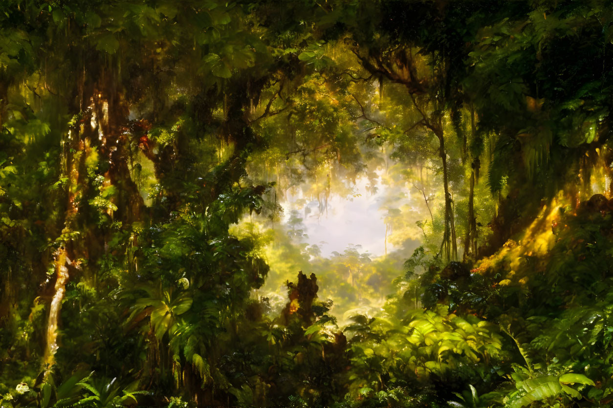 Enchanting forest scene with dappled sunlight and lush greenery