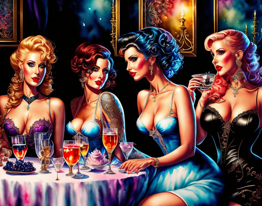 Stylized animated women with vintage hairstyles and tattoos at a bar