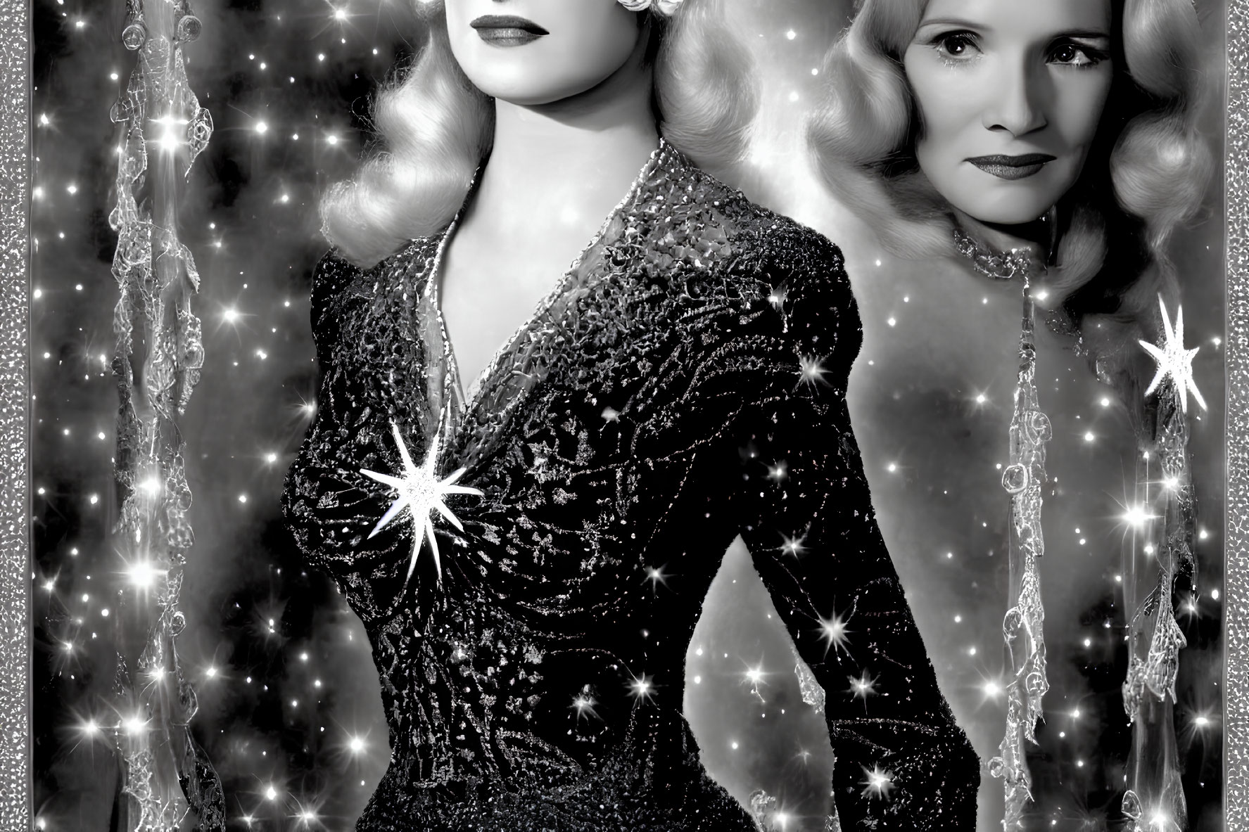 Monochrome image of glamorous woman in sequined dress with starry backdrop