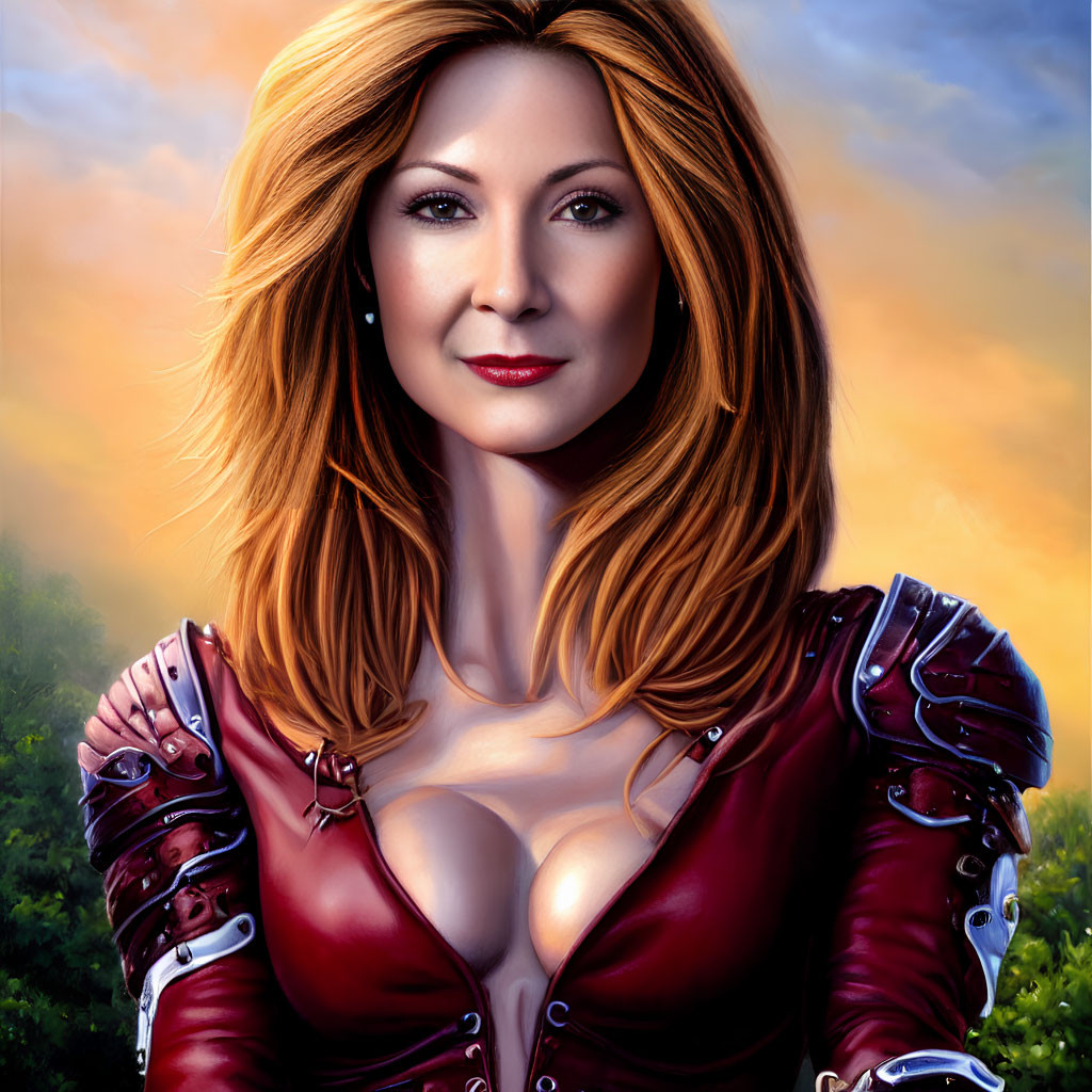 Fantasy character with red hair in crimson armor against cloudy sky