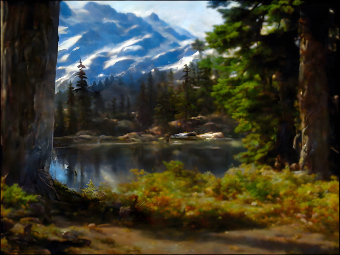 Tranquil landscape with lake, trees, mountains, and sky