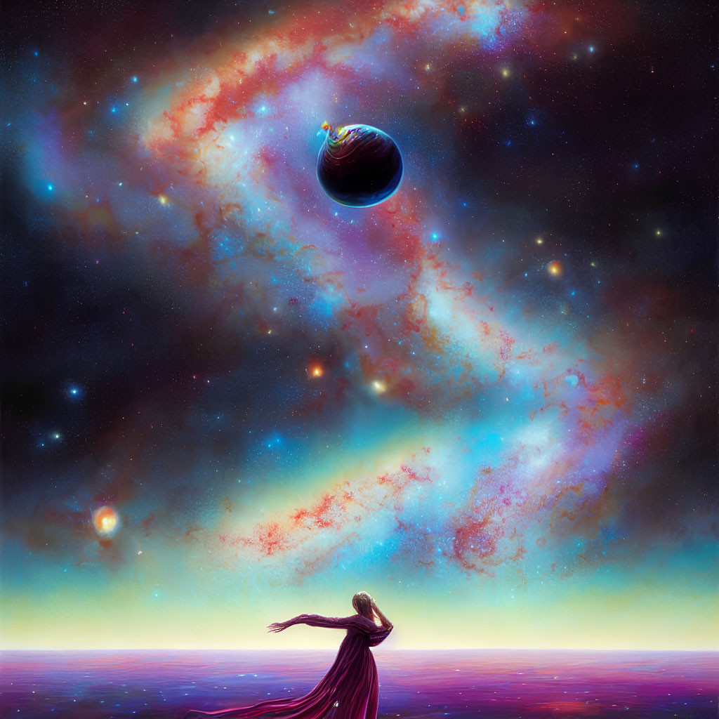 Person in flowing robe reaching towards vibrant galaxy with stars, nebulae, and hovering planet.