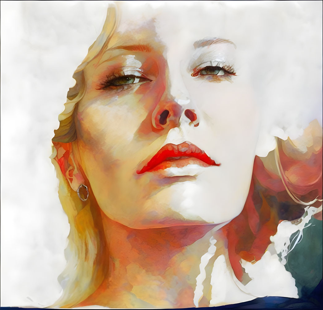 Portrait of woman with red lips, fair skin, and blonde hair in stylized watercolor blend