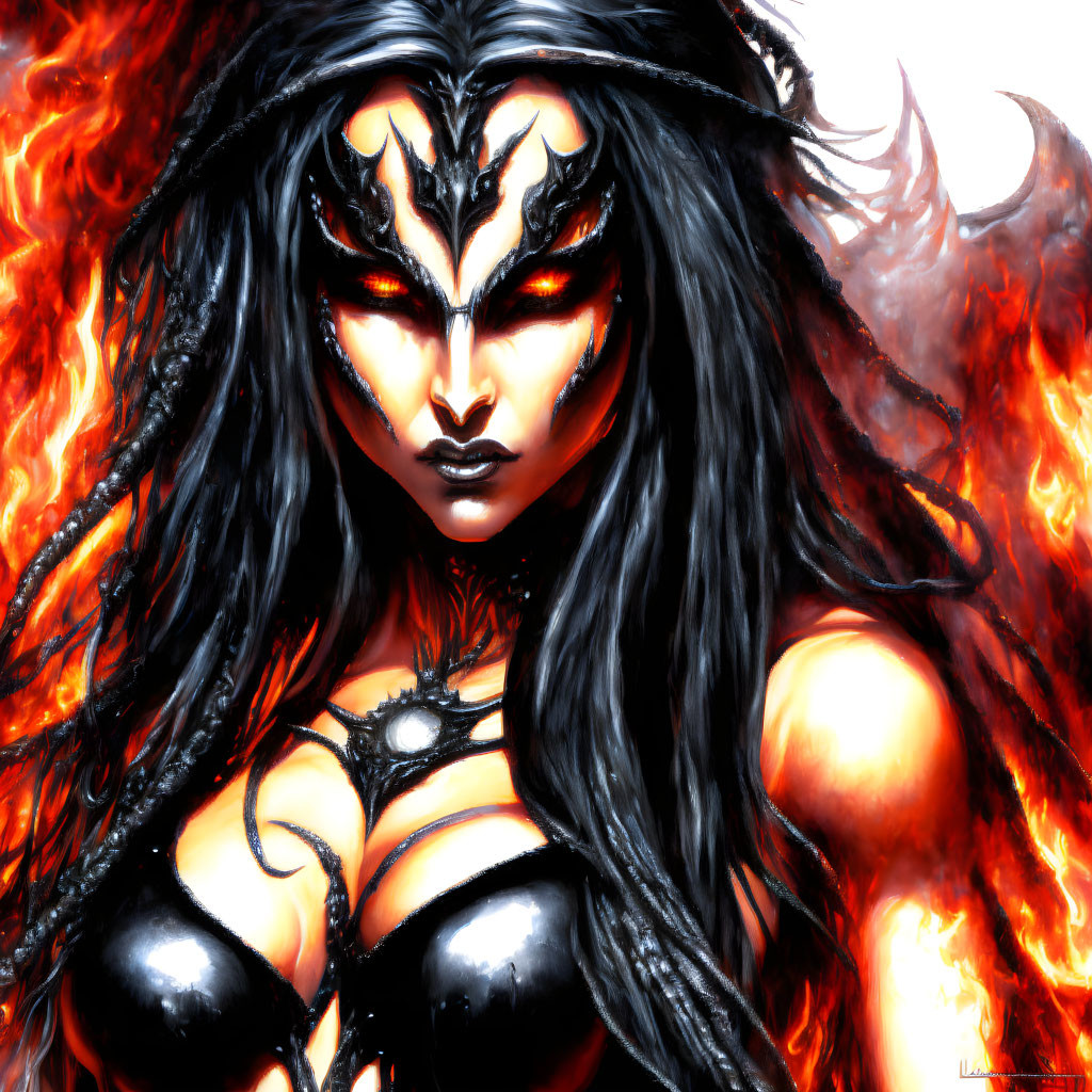 Dark-haired woman in black fantasy armor with striking makeup on fiery background