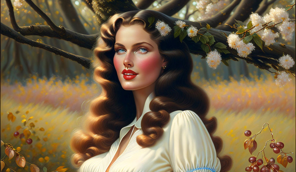 Digital painting of woman with wavy hair, red lips, vintage style, amidst flowering trees.