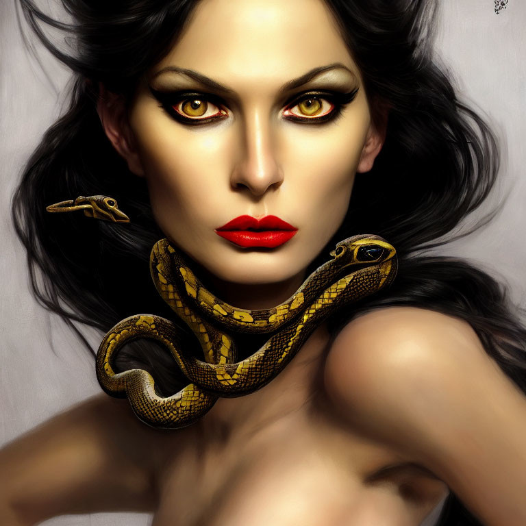 Digital Painting: Woman with Yellow Eyes, Red Lips, and Python on Grey Background