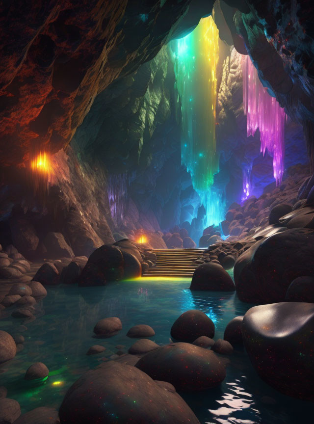 Ethereal cave with colorful glowing crystals and tranquil pool