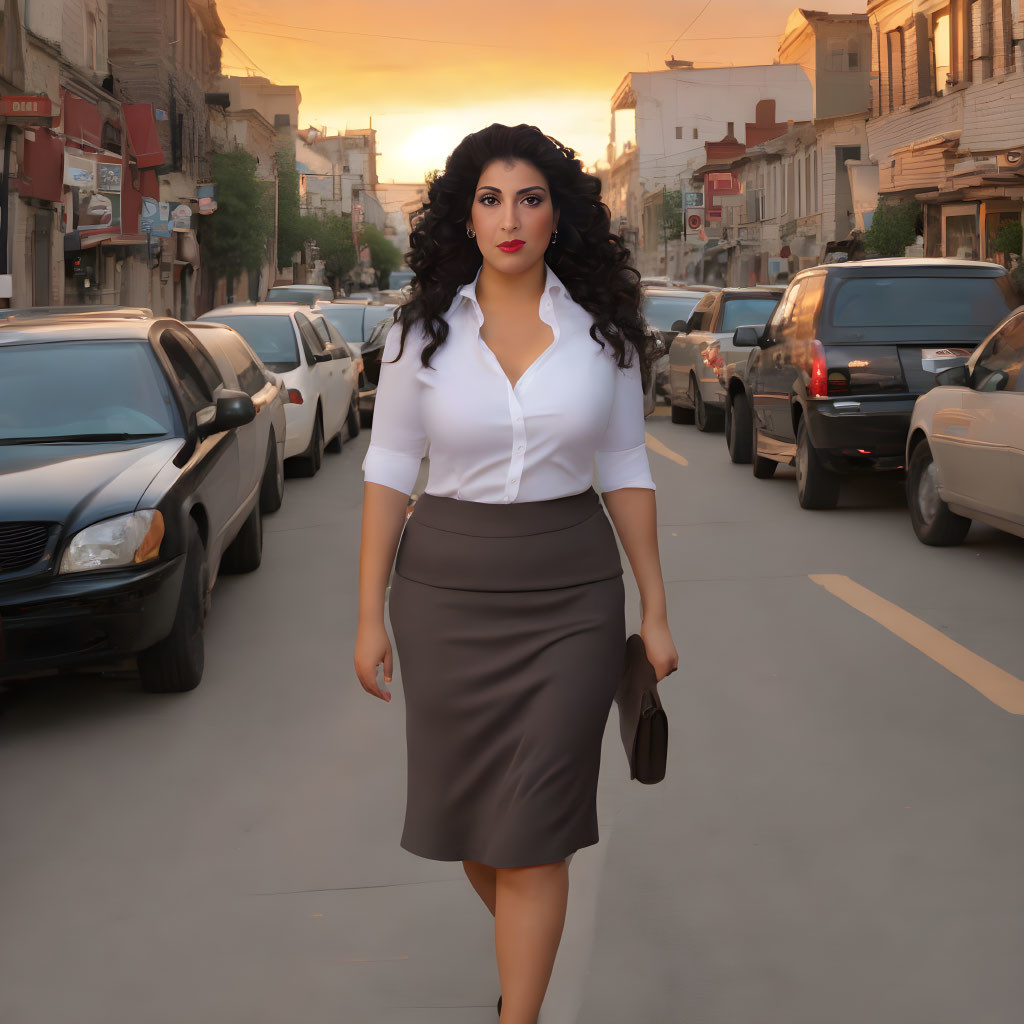 Confident woman in business casual attire walking city street at sunset