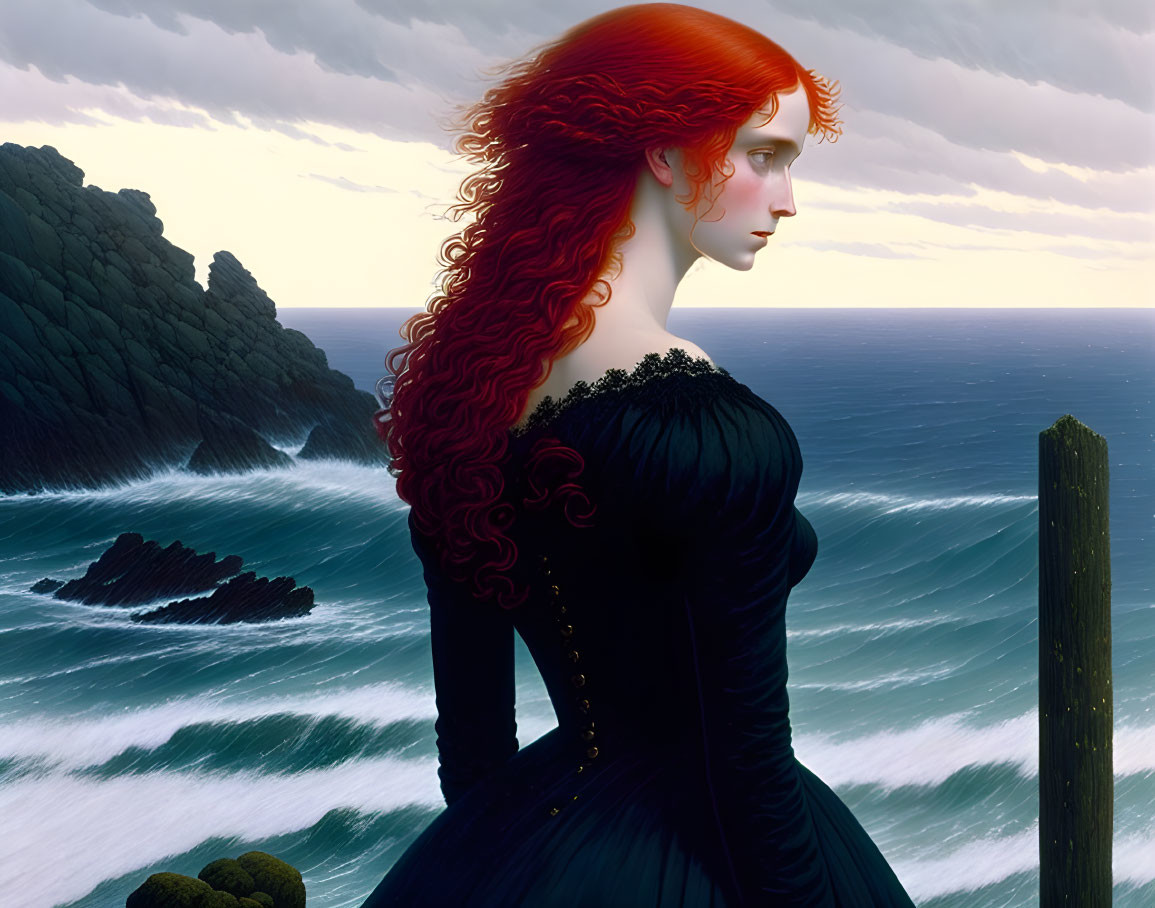 Red-haired woman in black dress gazes at stormy sea from cliff