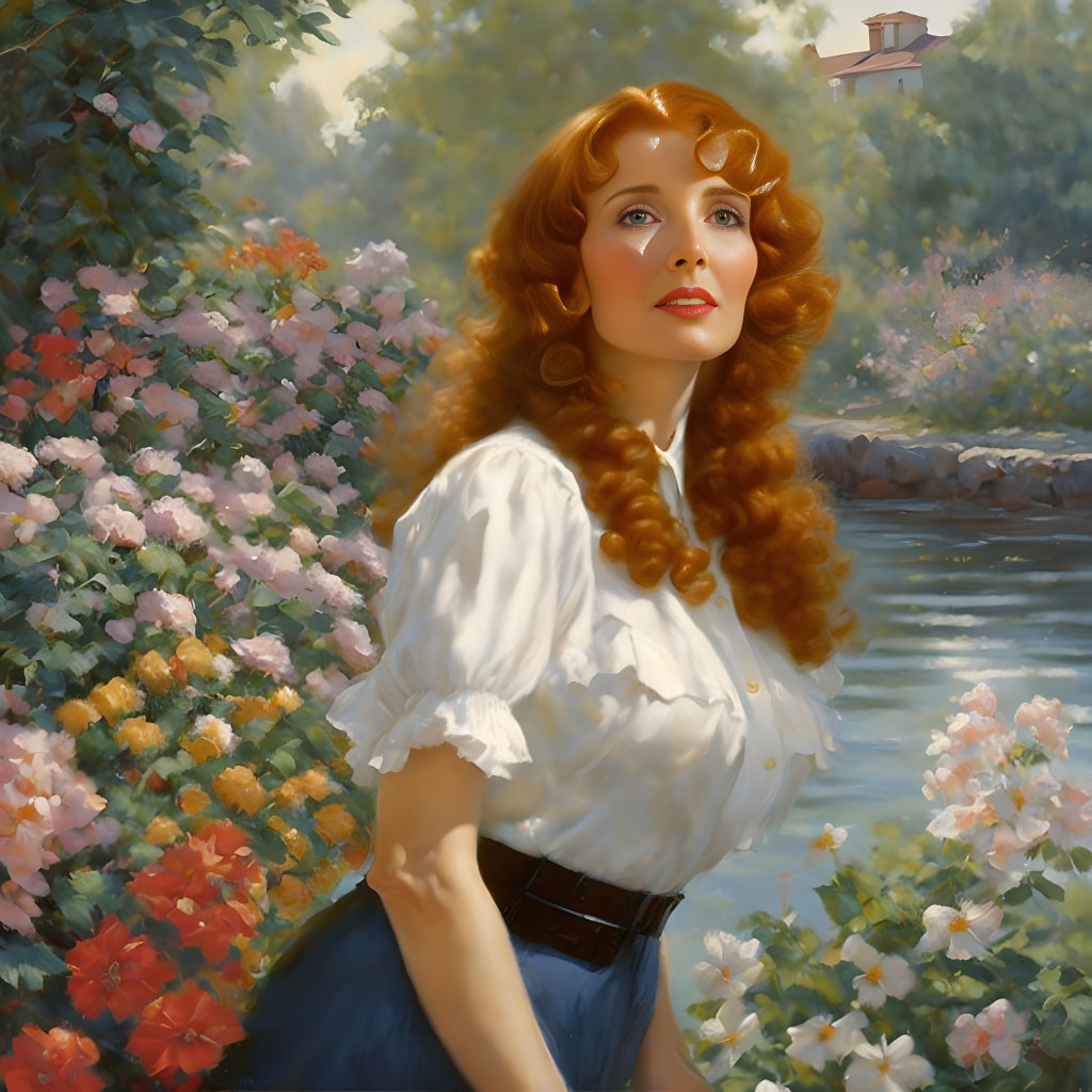 Curly Red-Haired Woman in White Blouse by River with Blossoming Flowers