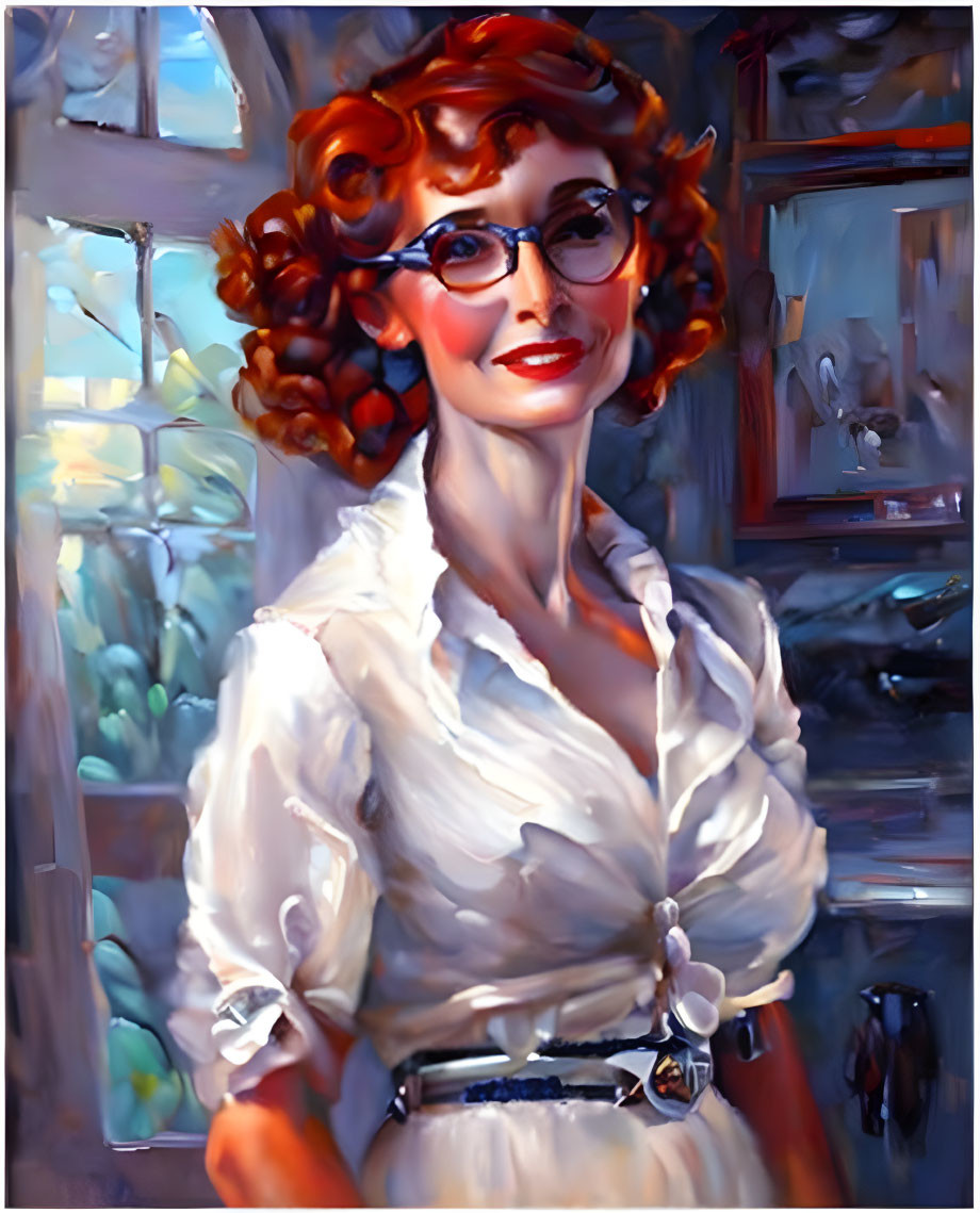 Curly Red-Haired Woman in White Blouse and Glasses by Window