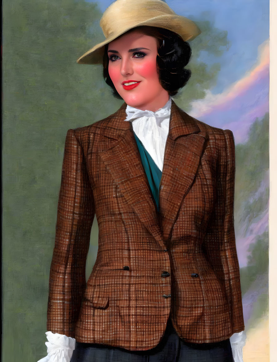 Vintage Attire Portrait: Woman in Checked Blazer & Straw Hat