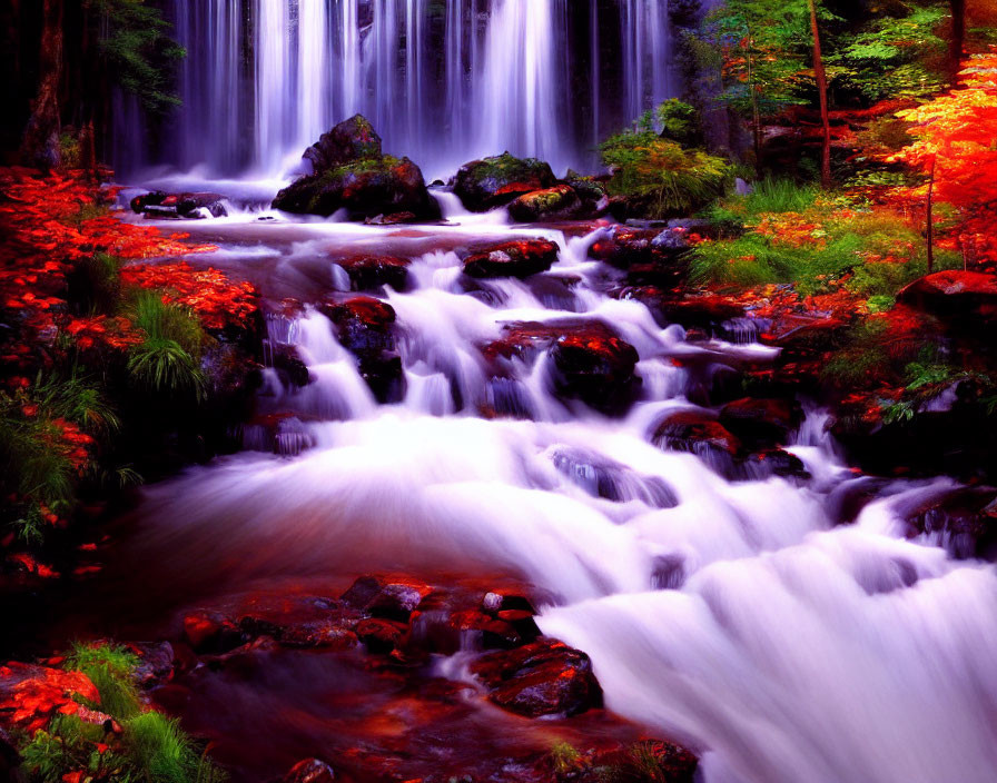 Autumn Forest Waterfall Cascading Over Rocks