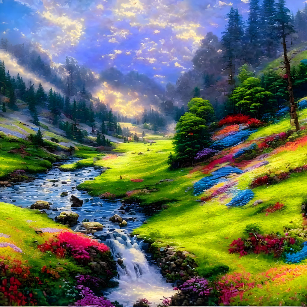 Colorful Landscape Painting with Babbling Brook and Rolling Hills