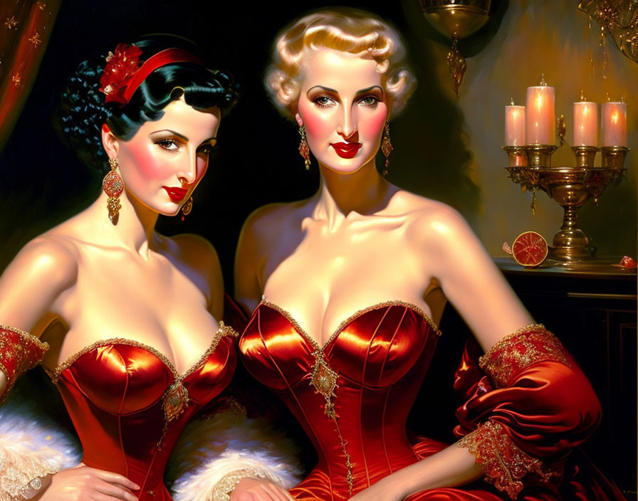 Stylized vintage women in red dresses with candlelight and citrus fruits