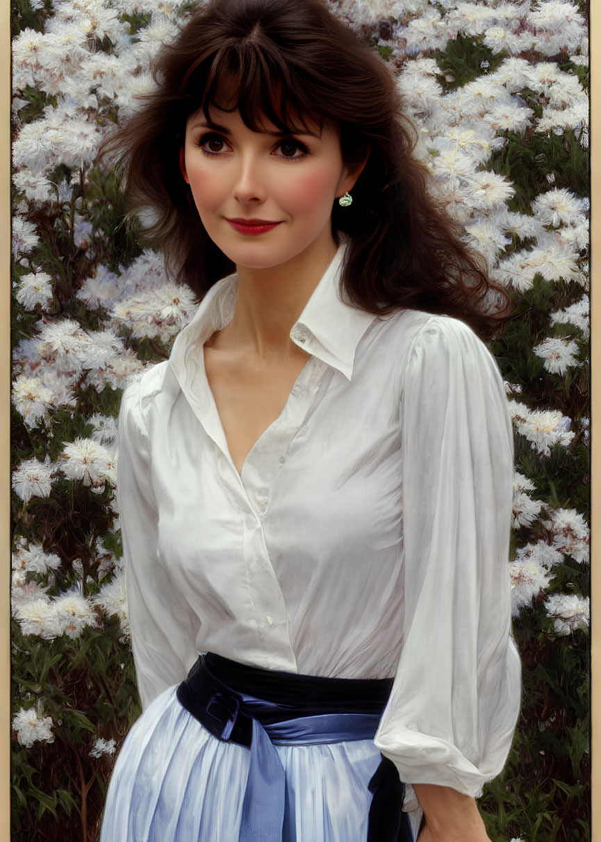 Dark-Haired Woman in White Blouse with Green Earrings and Blue Belt among White Flowers