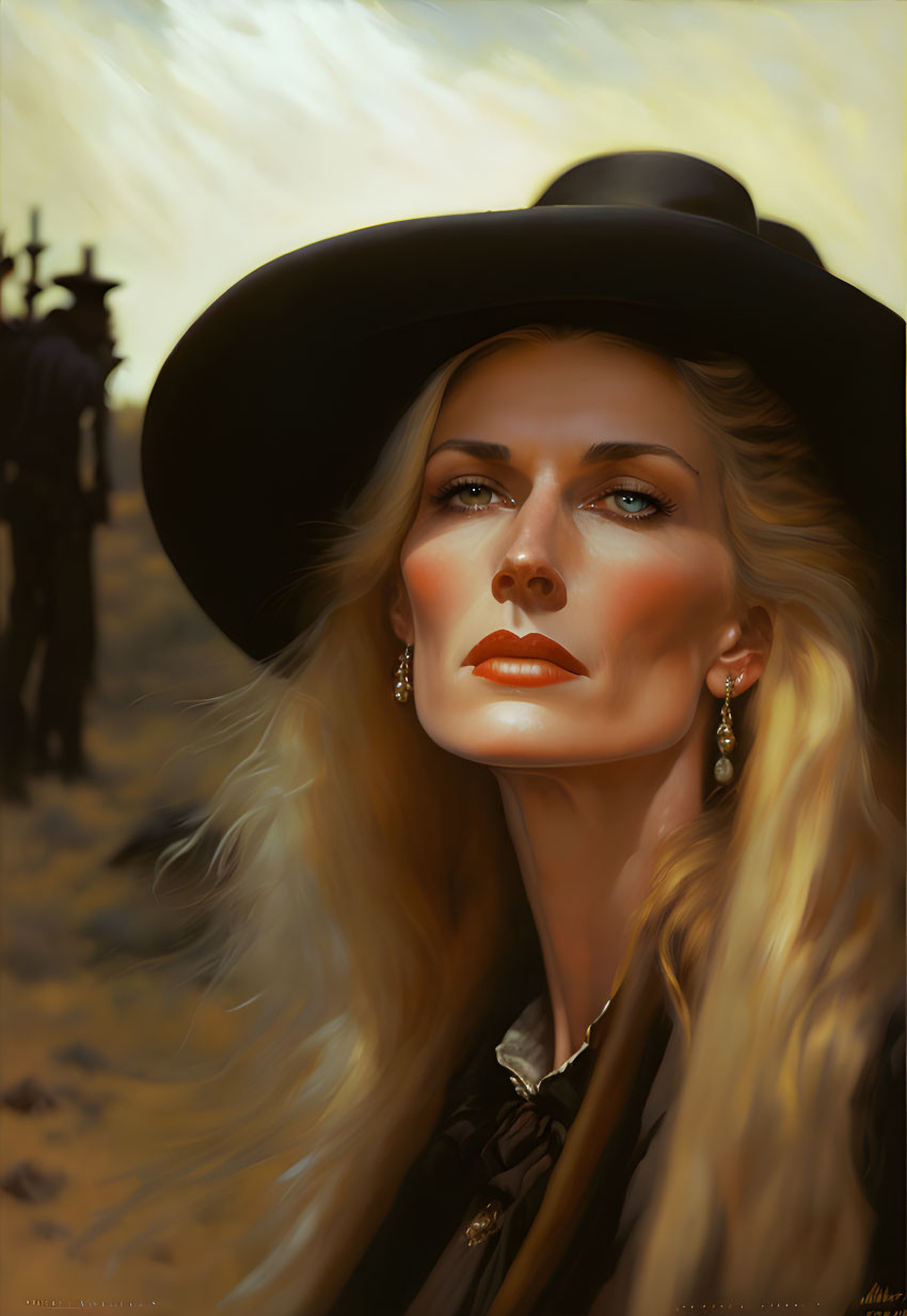 Blonde woman in black hat and gold earrings under radiant sunlight