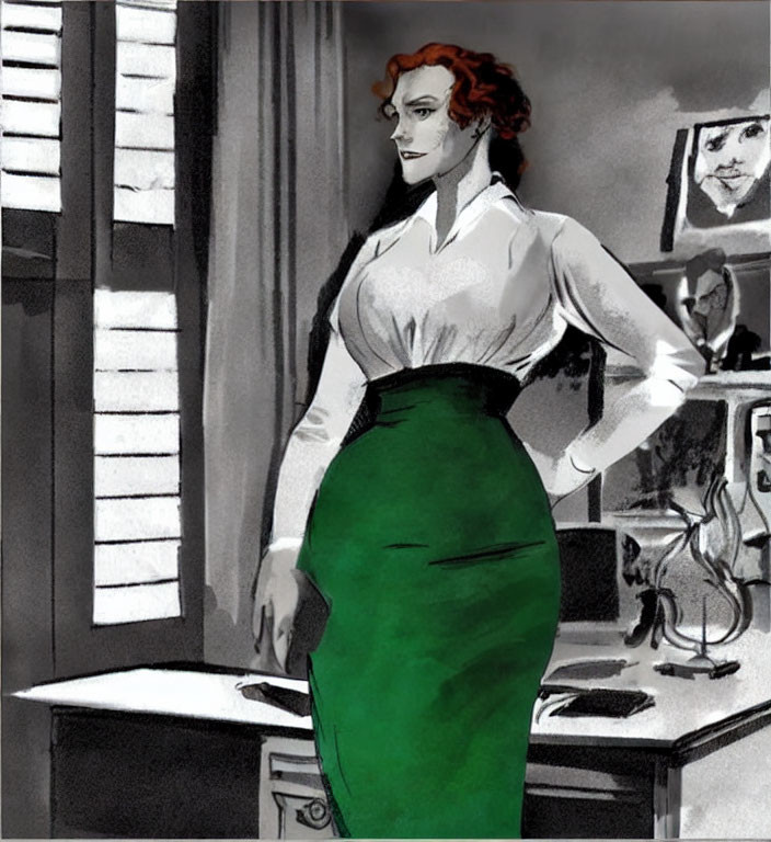 Red-haired woman in white blouse and green skirt in noir-style office setting