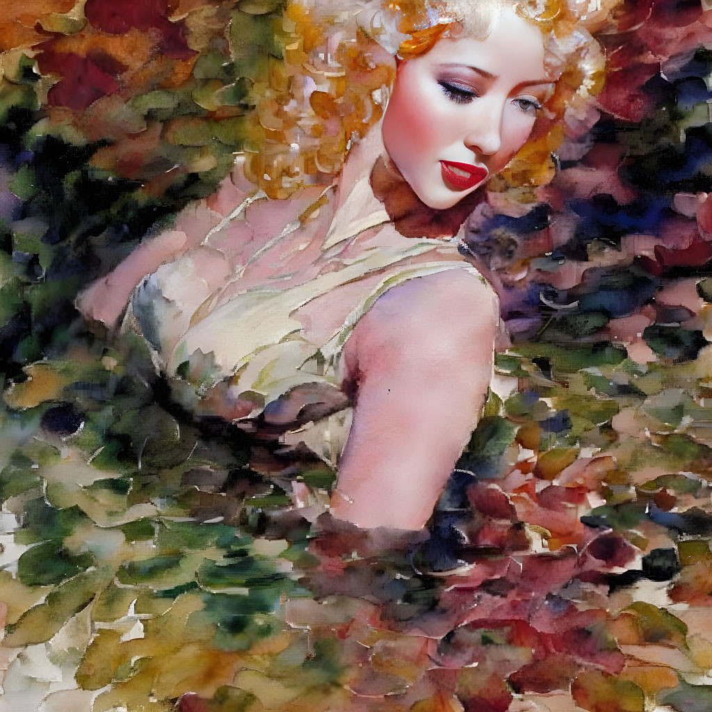 Blonde woman with red lipstick in colorful, abstract portrait.