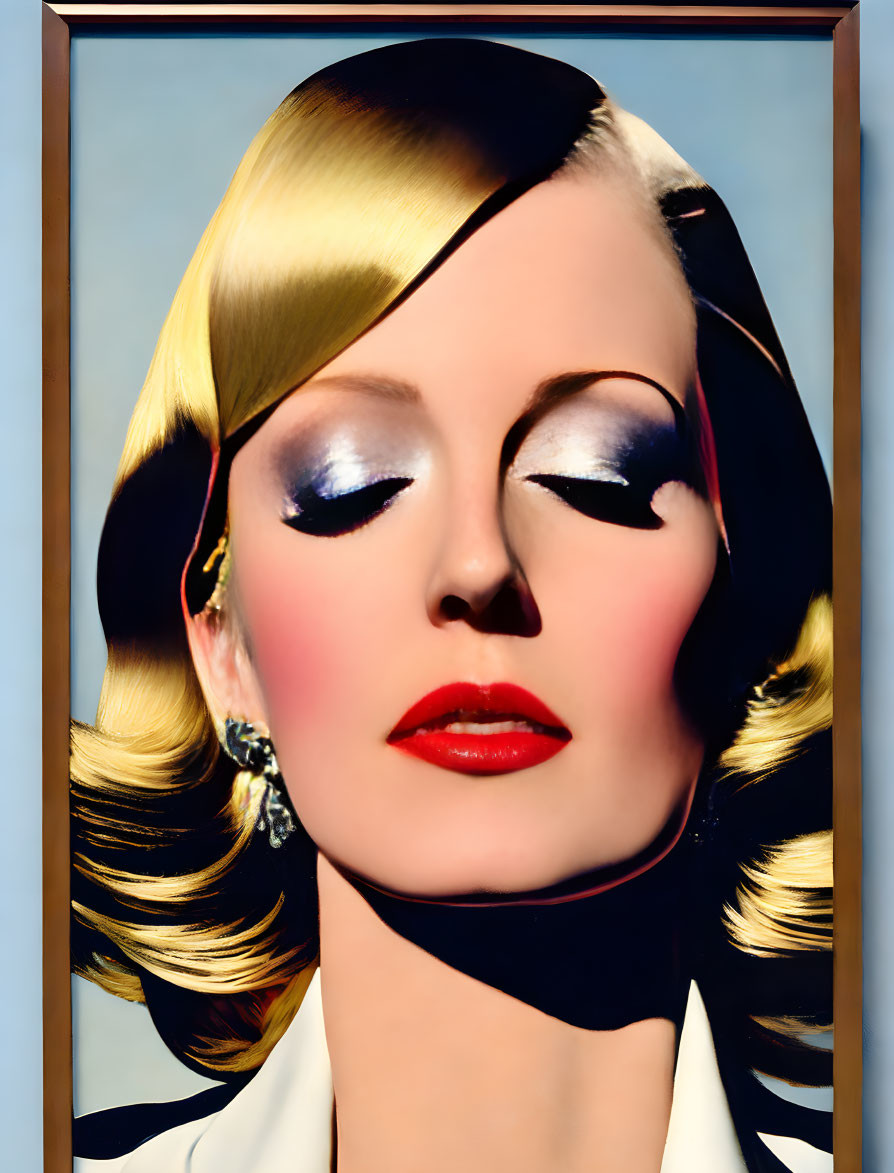 Stylized portrait of a woman with bold makeup and blonde hair