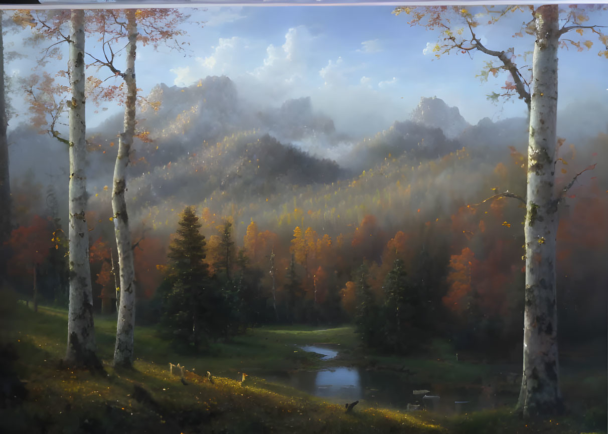 Tranquil autumn forest scene with golden foliage, stream, and misty mountain.