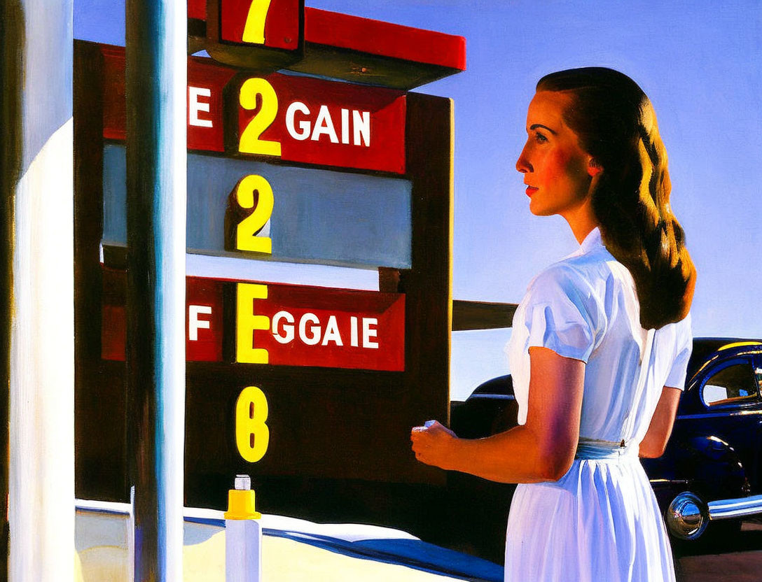 Woman in white dress reading letter by gas station sign under blue sky