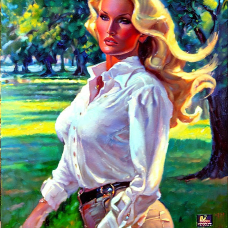 Colorful painting of a woman with blonde hair in a park setting