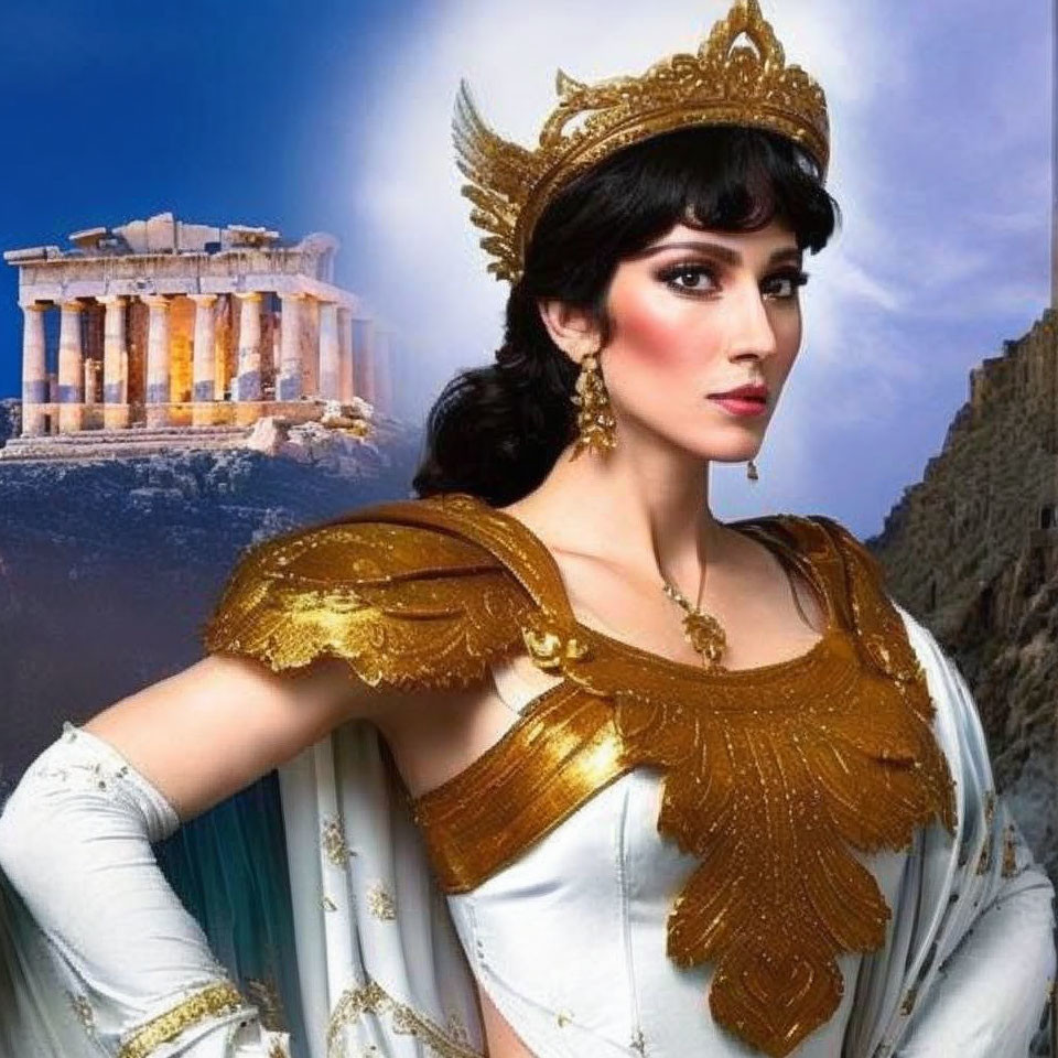 Golden Greek Goddess Costume Posed with Parthenon Backdrop