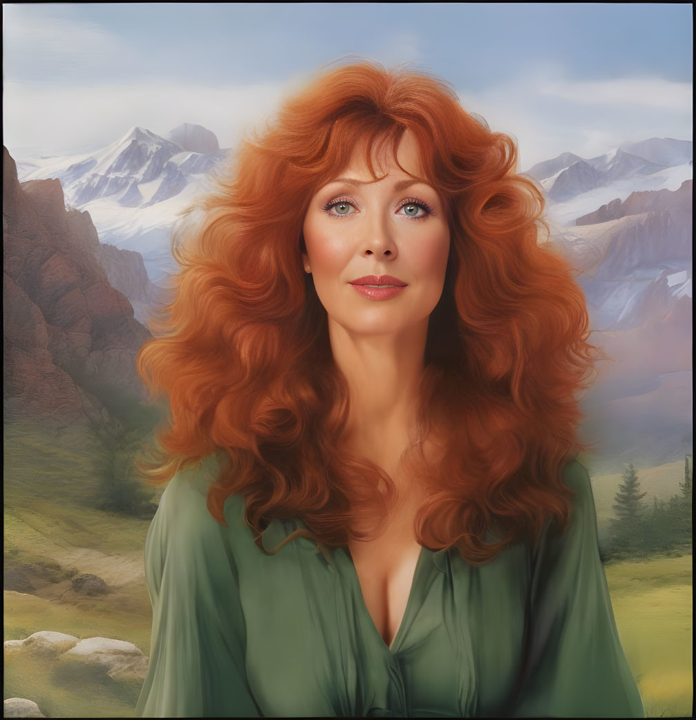 Red-haired woman with blue eyes in green top against mountain backdrop