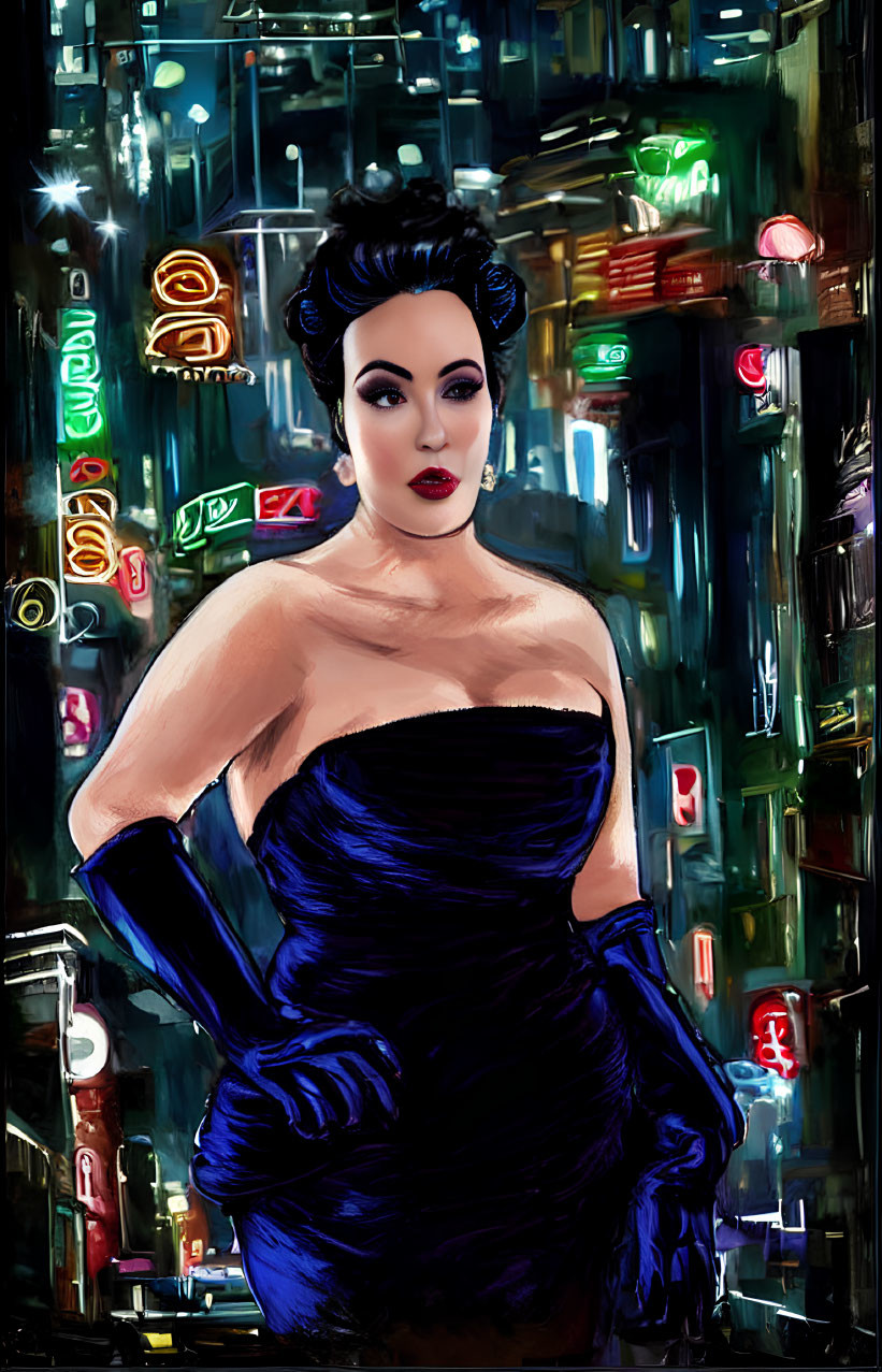 Stylized portrait of woman in blue dress against neon cityscape