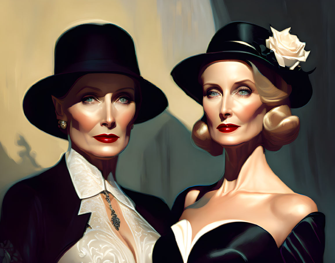 Two elegantly dressed female figures in vintage hats and hairstyles, one in black with a white rose,