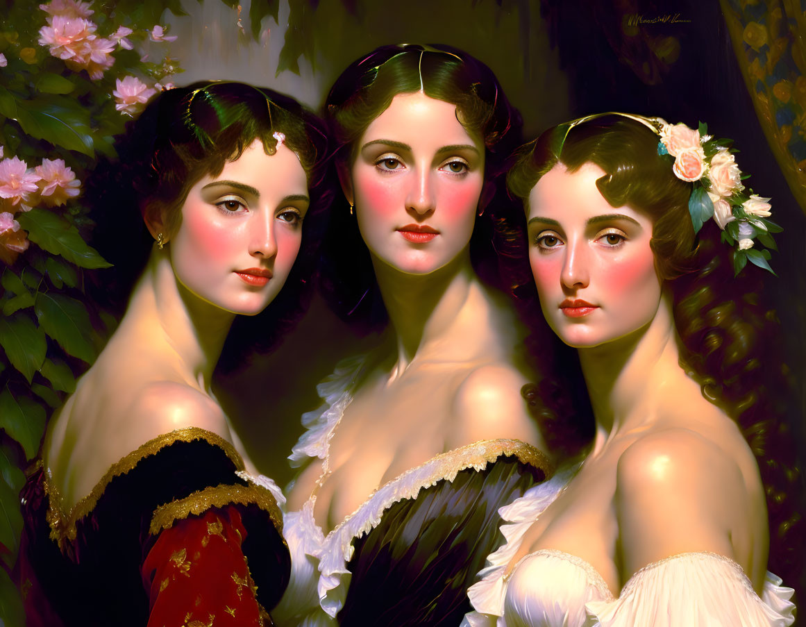 Three women in classic dresses with elaborate hairstyles in a romantic, painterly setting.