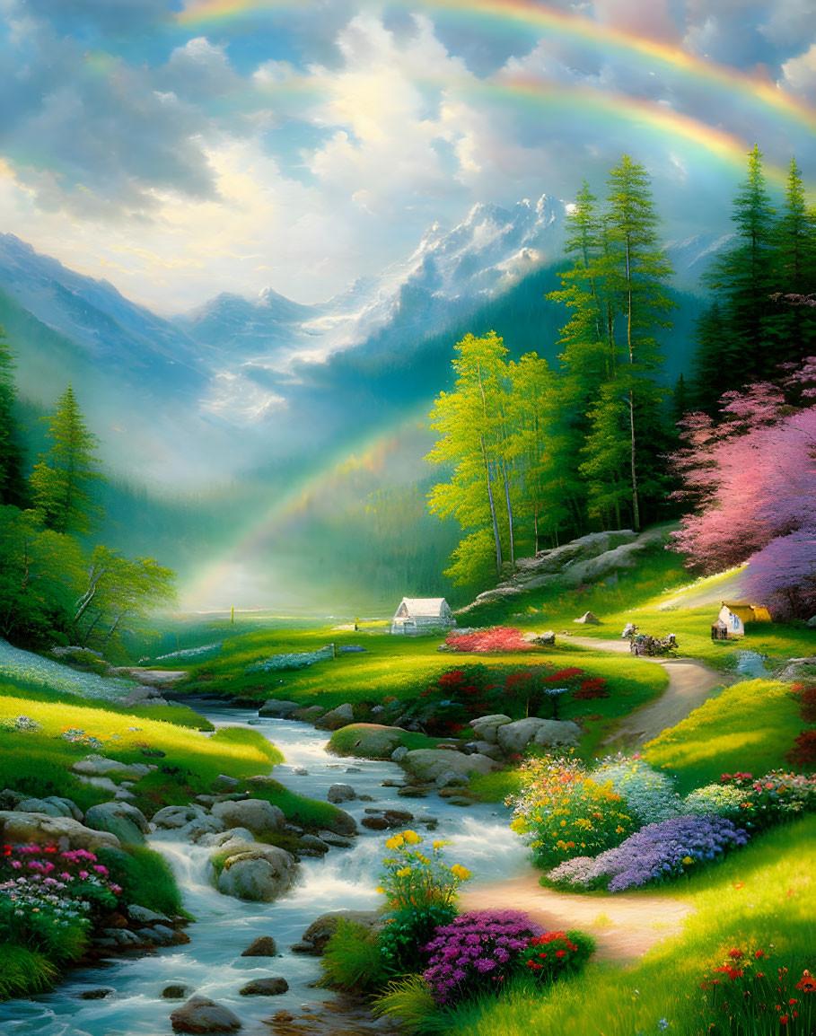 Scenic valley with rainbow, greenery, stream, and houses