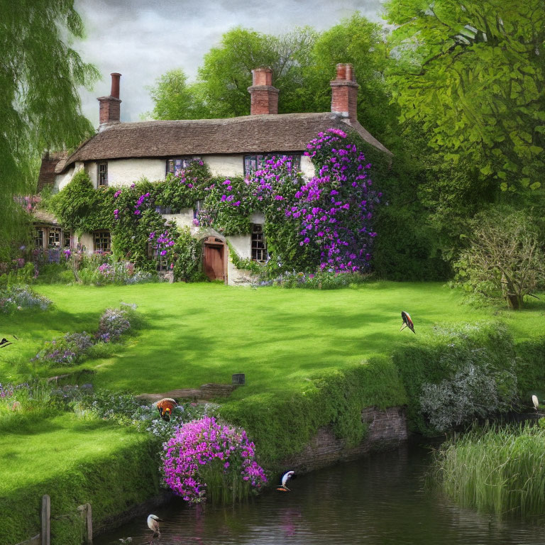 Charming thatched-roof cottage with pond and ducks surrounded by greenery