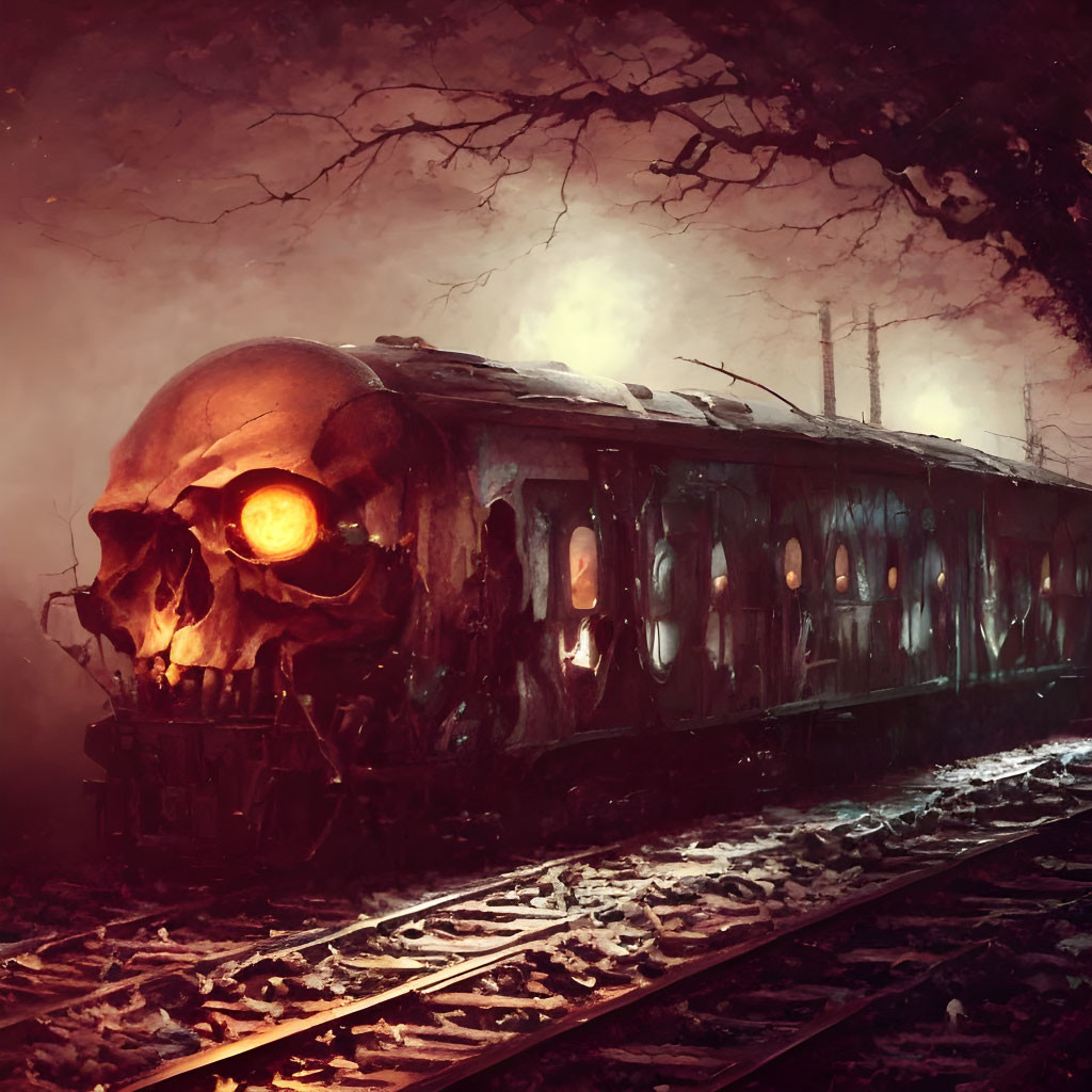 Dark and eerie train illustration in foggy forest landscape