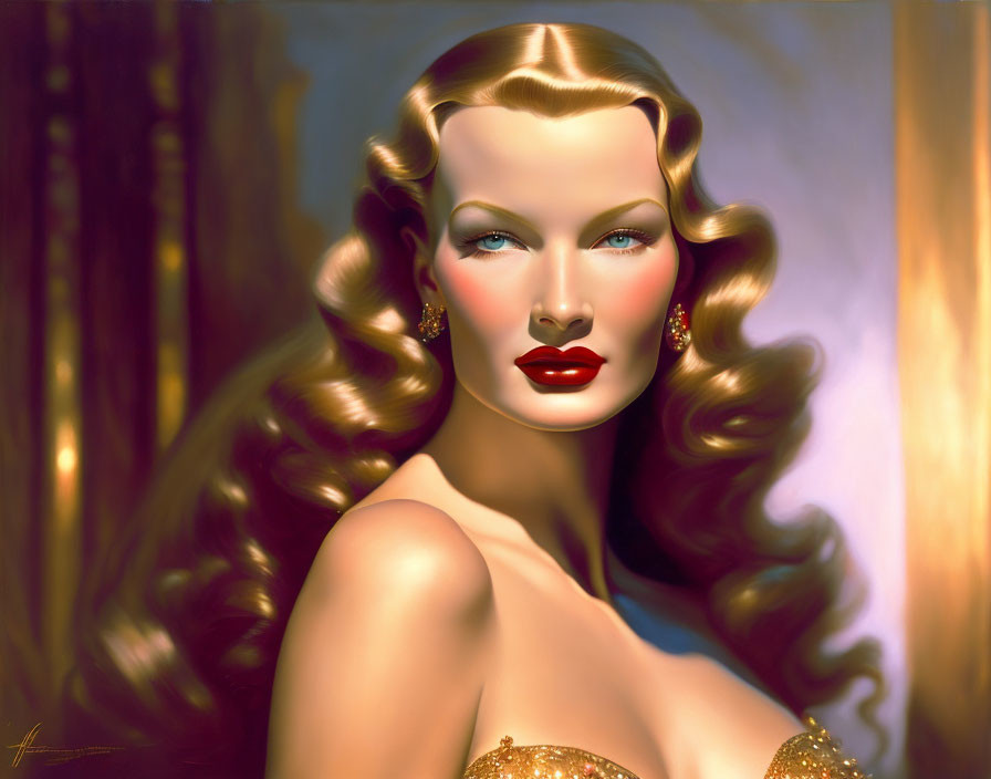 Illustration of woman with wavy hair, red lipstick, golden dress - vintage Hollywood vibe