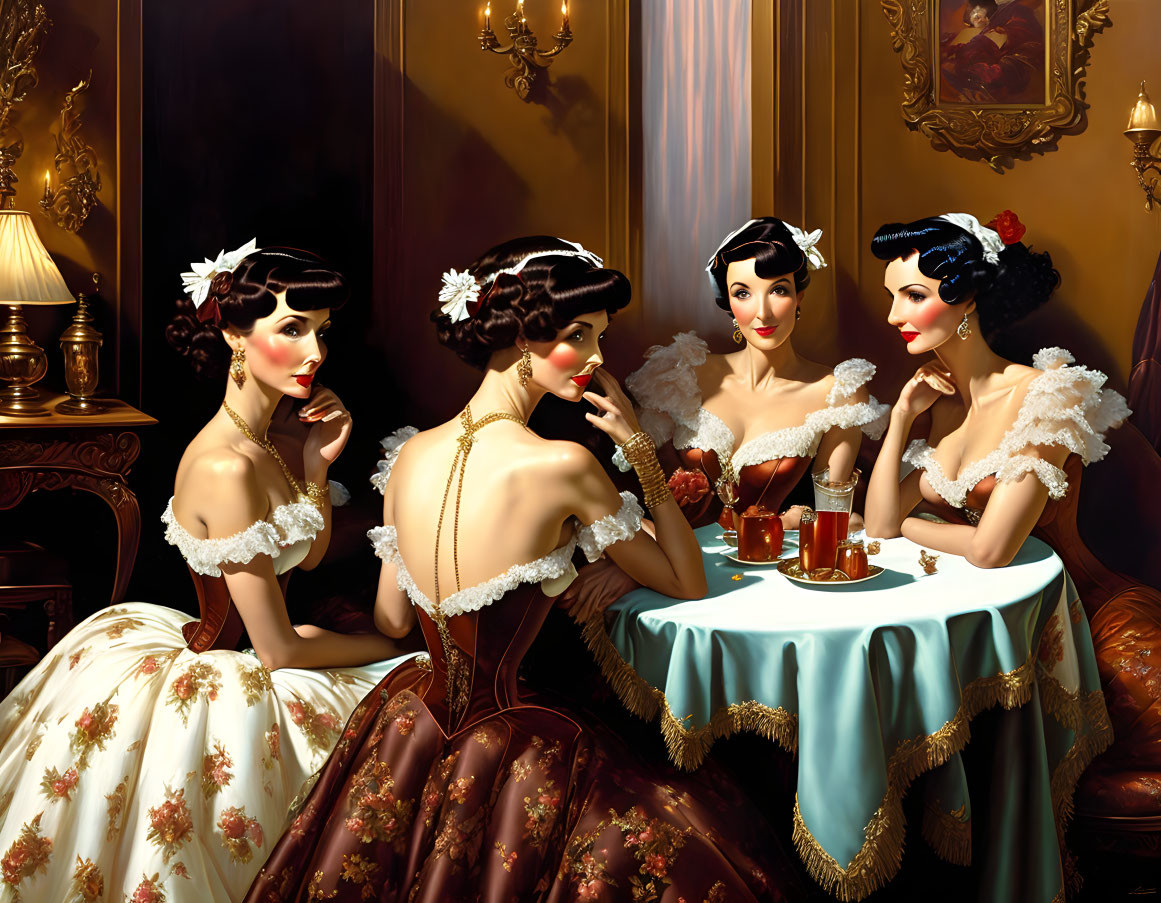 Elegantly dressed women in vintage attire at small table in luxurious room