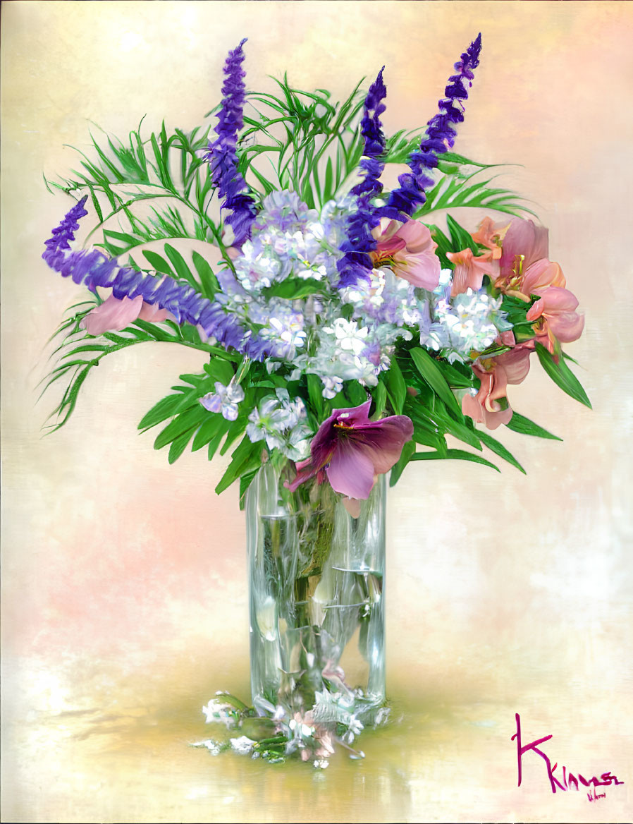 Colorful bouquet of larkspurs, pink lilies, and white blossoms in clear vase