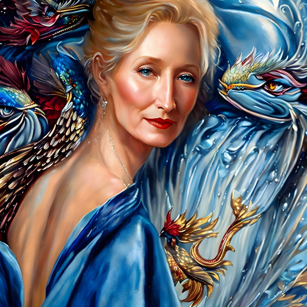 Digital painting: Woman with fair skin, blonde hair, blue garment, swirling water, mythological fish