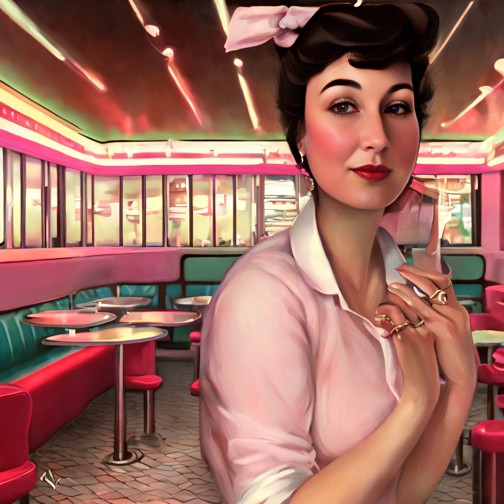 Stylized retro woman in pink bow at vintage diner