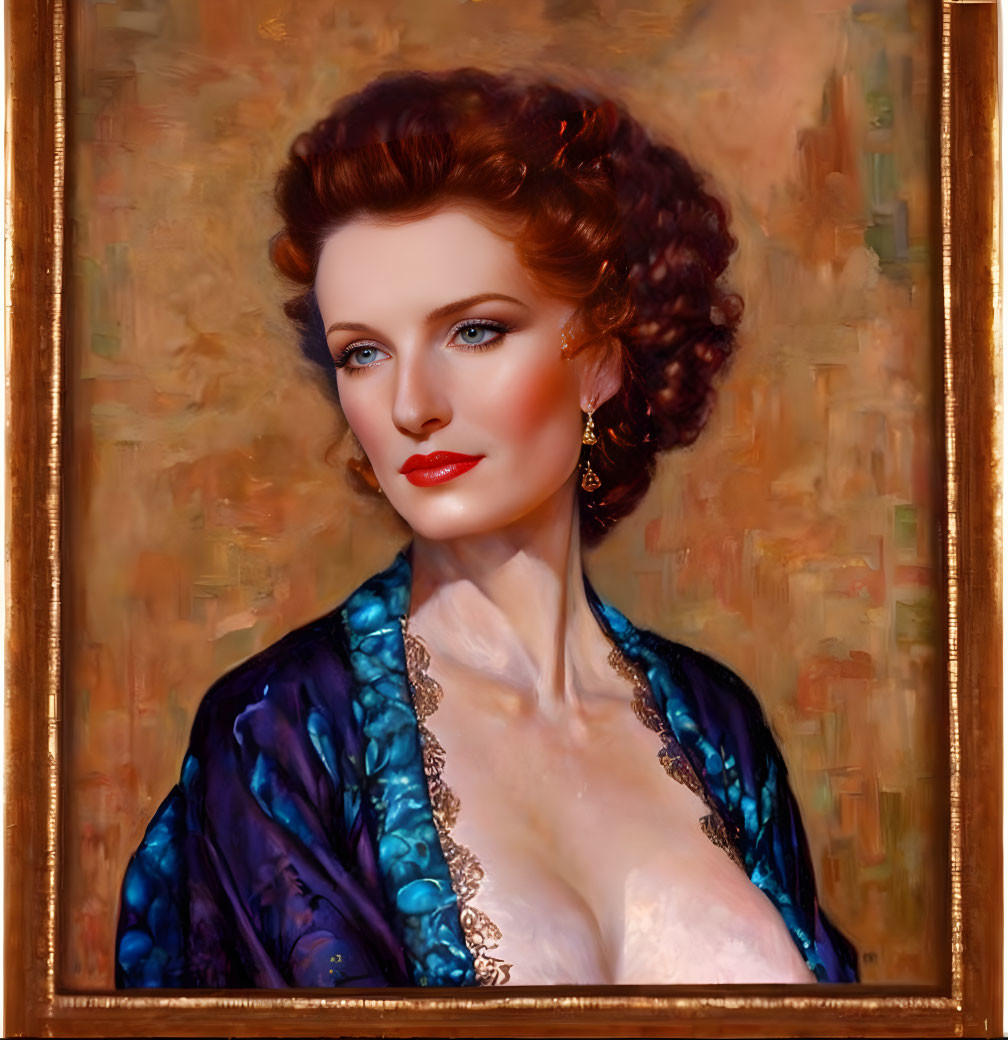 Red-haired woman in blue shawl with ornate earring on warm textured background