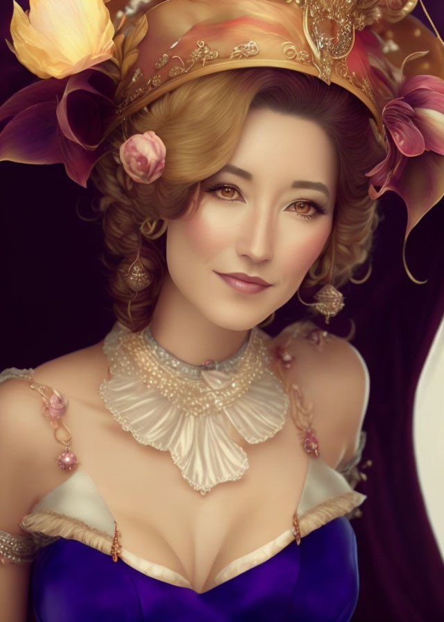 Digital artwork: Woman with floral updo, golden headdress, pearl choker, blue gown