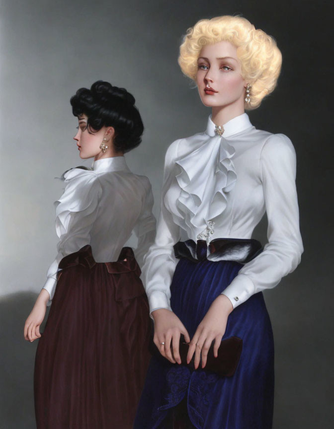 Vintage Attire: Two Women in Dramatic Ruffled Blouses and Contrasting Skirts