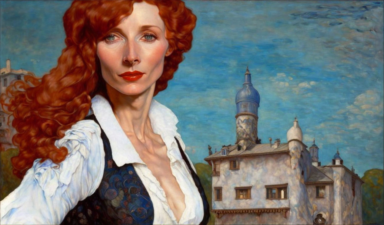 Woman with Red Hair and Blue Attire in Front of Cloudy Sky and Old Castle