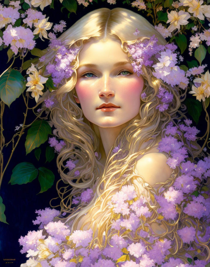 Blonde woman with long hair among purple flowers on dark backdrop