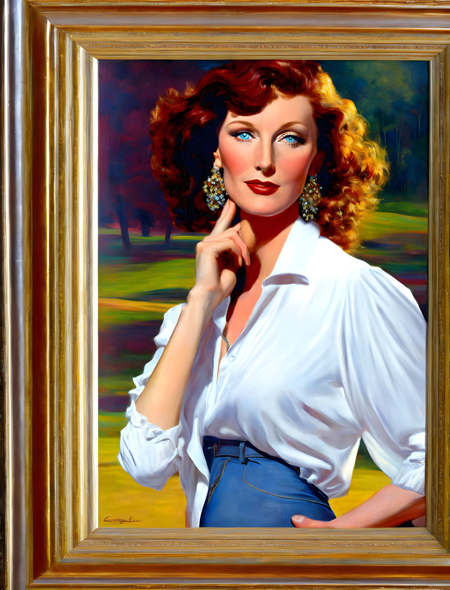 Curly Red-Haired Woman in White Blouse and Blue Jeans Painting