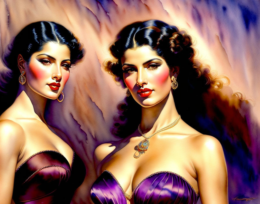 Classic Hollywood glamour style: Two women in purple dresses and elegant jewelry in vibrant painting