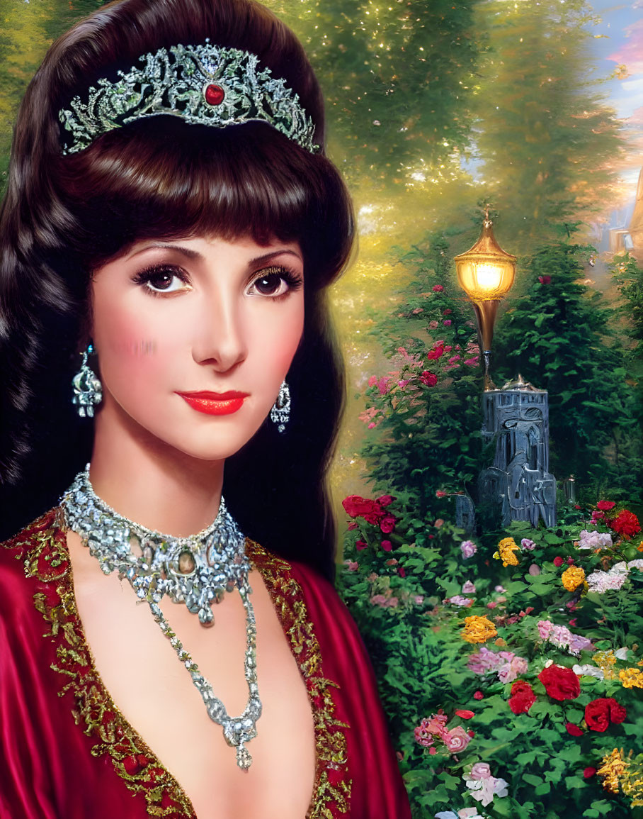 Woman in tiara and red attire with ornate jewelry in floral garden setting