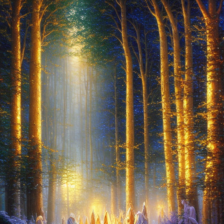 Tall Trees in a Mystical Forest with Ethereal Figures